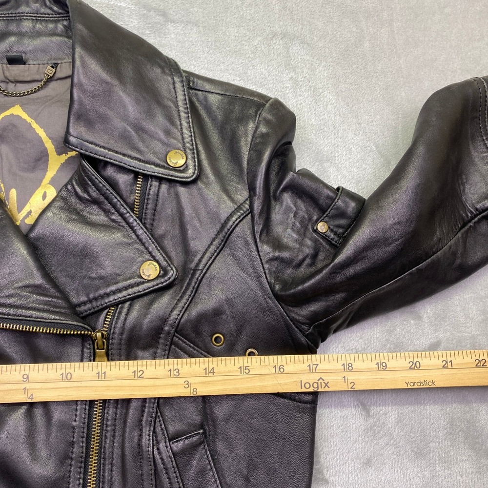 VTG Guess Womens Black Leather Moto Biker Jacket Asymmetrical Zip Brass Sz S/P - Picture 4 of 12